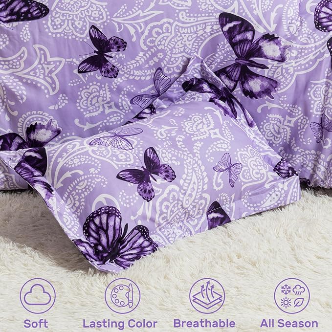 ARTALL Bed in A Bag Full/Queen Size 7 Pieces, Purple Paisley Butterfly Bedding Comforter Set All Season Bed Set with 1 Comforter, 2 Pillow Shams, 1 Flat Sheet, 1 Fitted Sheet, 2 Pillowcases