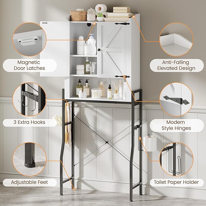 Over The Toilet Storage Cabinet, Over Toilet Organizer with 2-Door & Metal Stand, Bathroom Organizers and Storage with Adjustable Shelves for Bathroom, Restroom, Laundry, White