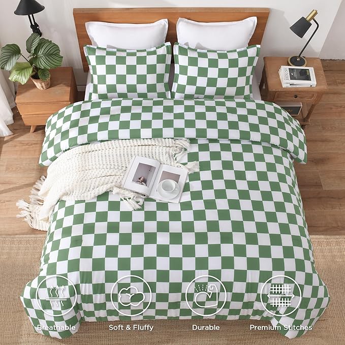 Andency Green Checkered Comforter Twin(66x90Inch), Plaid Gingham Buffalo Grid Bedding Comforter Sets for Boys Kids Teens, 2 Pieces Lightweight Microfiber Geometric Preppy Bed Set