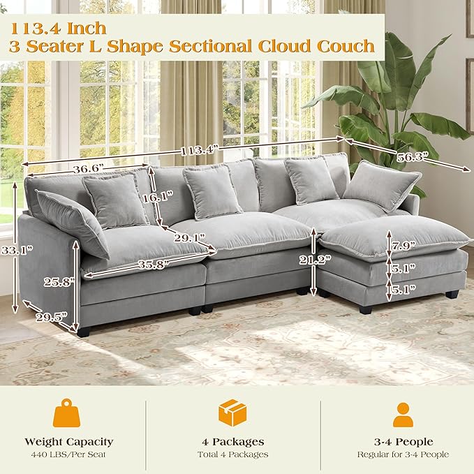 113.4" Modular Sectional Sofa,L Shaped Couch for Living Room,Modern Deep Seat Sofa 3 Seater Chenille Fabric Comfy Cloud Couches with Throw Pillows & Movable Ottoman
