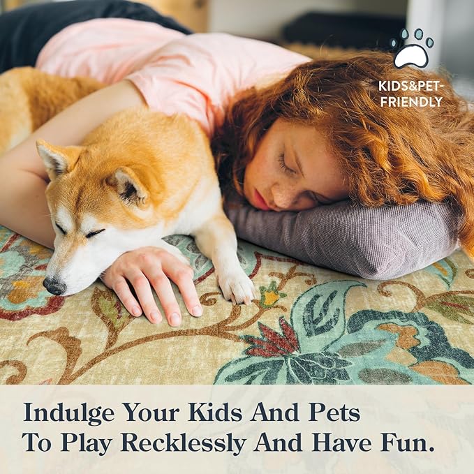 Lahome Floral Entryway Rug - 2x3 Small Throw Bedroom Rugs Non-Slip Washable Kitchen Rugs Beige Paisley Print Bathroom Mat Accent Distressed Doormat Floor Carpet for Laundry Room Living Room Office