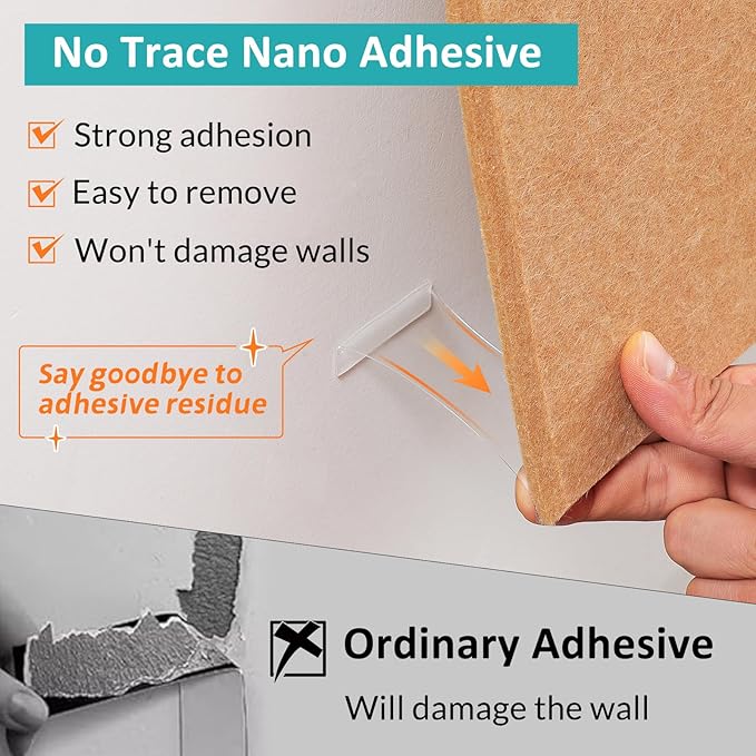 Large Bulletin Board 48" x 36" - 12 Pack Felt Wall Tiles with 60 Pcs Safe Removable Adhesive Tabs & 40 Pcs Pushpins, Cork Board for Office, School & Dart Wall Protector - Warm Beige