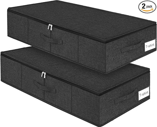 punemi Under Bed Storage Container, 2 Pack Underbed Storage Bags With Lid, Foldable Sturdy Clothes Storage Organizer W/ 3 Handles, Ultra Thick Fabric Blanket Shoe Storage Box, 30x15x6.7inch, Black