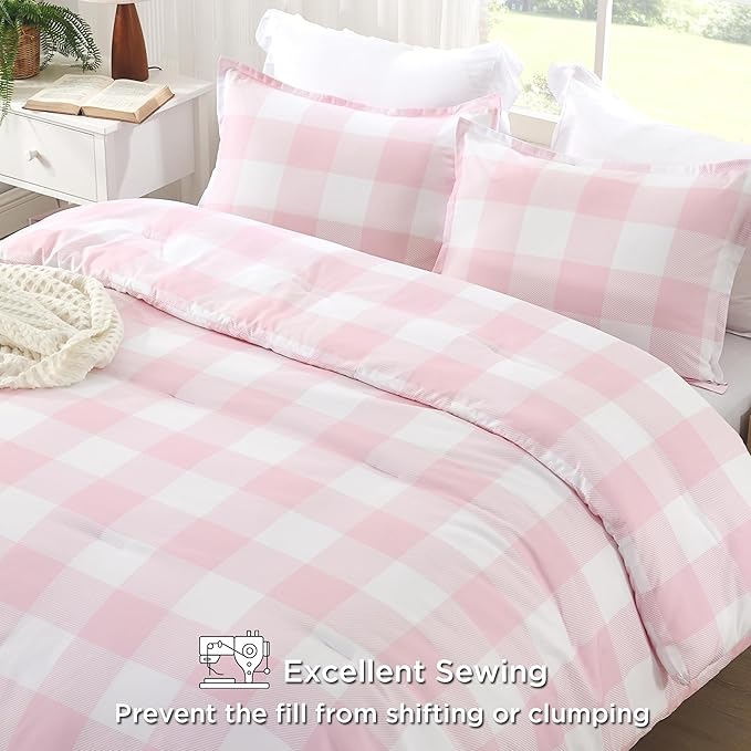 Andency Pink Checkered Comforter Full(79x90Inch), Plaid Gingham Buffalo Plaid Grid Bedding Sets for Girls Kids Women Kids Teens, 3 Pieces Lightweight Microfiber Geometric Preppy Bed Set