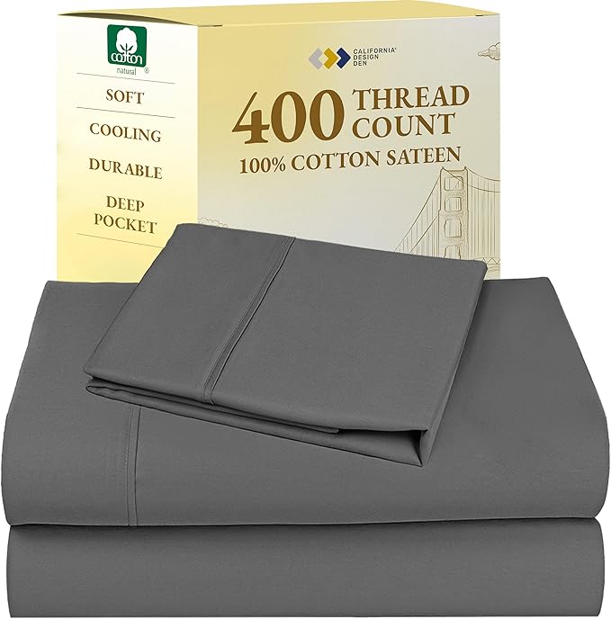 California Design Den Soft Twin Sheets Set - 400 Thread Count Sateen, Natural 100% Cotton Sheets, Deep Pockets, and Durable Bedding Set for Dorm Rooms & Adults - Grey CaliforniaDesignDen