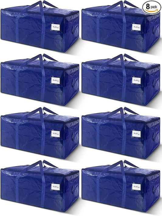 8 Pack Extra Heavy Duty Large Moving Bags with Strong Zipper & Carrying Handles, Sturdy Clothes Storage Bag Totes Bins, Packing Bags Moving Boxes College Moving Supplies, Dark Blue - 40 gal