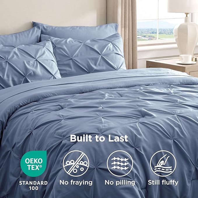Bedsure California King Comforter Set - Bed in a Bag Cal King Bedding Set 7 PCS, GentleSoft™ Pintuck Bed Set Gift for Family, Pinch Pleat Slate Blue Comforter with Sheets, Pillowcases & Shams