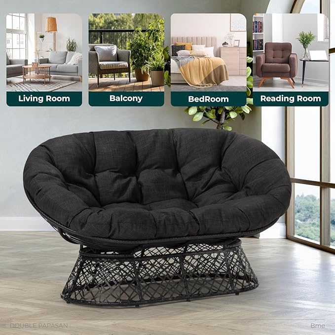 Bme Double Papasan Chair, 600lbs Capacity, Ergonomic Design, Soft Thick Fabric Cushion, Bee-Designed Base, Sturdy Steel Frame, 61", Onyx Stone - Black Base