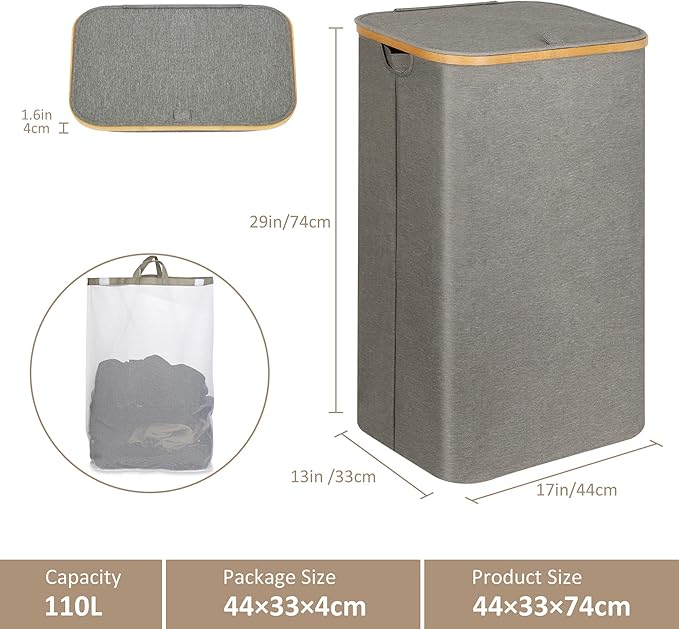 Laundry Hamper with Lid, 110L Large Laundry Hamper with Handle and Lid, Collapsible Clothes Basket Organizer with Removable Inner Bag for Clothes Toys Towels - Grey