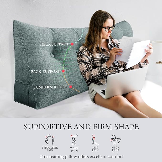 11 lbs Thickened Headboard Pillow Wedge Pillow Headboard Reading Pillow Bed for Comfortable Backrest Reading Triangular Pillow with Side Pocket Backrest Pillows for Sitting in Bed Gray Queen