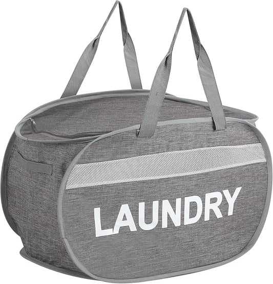 Collapsible Laundry Baskets with Lid, Foldable Clothes Hamper with Reinforced Handles, Sturdy Pop Up Hampers for Laundry, Tear Proof & Easy to Carry Laundry Hamper for Home, Dorm, Travel Grey