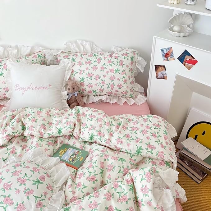 MKXI Fresh Green Floral & Leaf Comforter King Size - 3 Piece Pastoral Style Comforter Set with White Lace Ruffle Edge Soft Aesthetic Floral Bedding Set with 2 Pillow Shams for Teen Girls