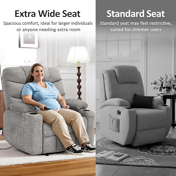 MCombo Oversized Power Lift Recliner Chair with Extended Footrest, Extra Wide 27.2" for Big and Tall Elderly People, Fabric R7289 (Light Grey, Medium-Oversize)