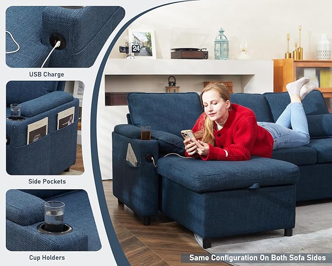 DURASPACE Sofa Bed Sleeper Pull Out 2 in 1 Sectional Sleeper Sofa Couches with Storage,USB, Cup Holder,Pullout Sectional Couches for Apartment Living Room (Blue)