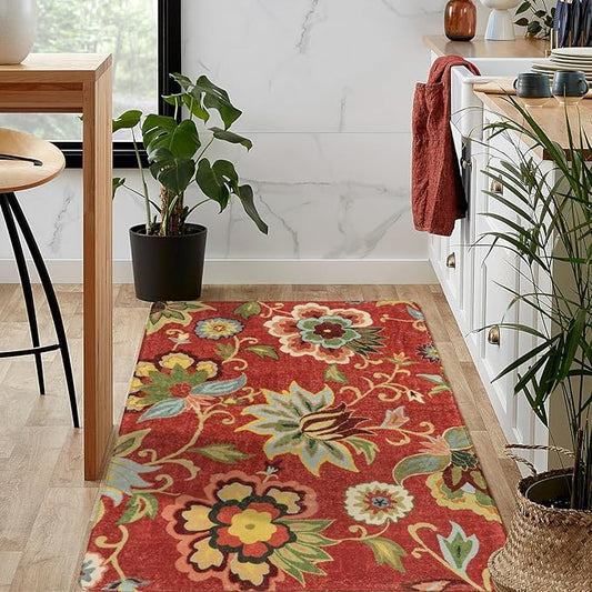 Lahome Floral Red 3x5 Area Rug, Washable Kitchen Fall Rugs Non-Slip ‎Stain Resistant Soft Throw Low-Pile Carpet for Bedroom, Christmas Paisley Print Floor Carpet for Living Room Entryway Office