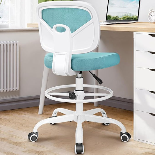 Primy Armless Tall Desk Chair, Adjustable Height and Footring, Low-Back Ergonomic Standing Desk Chair Mesh Rolling Tall Chair for Art Room, Office or Home (Teal)