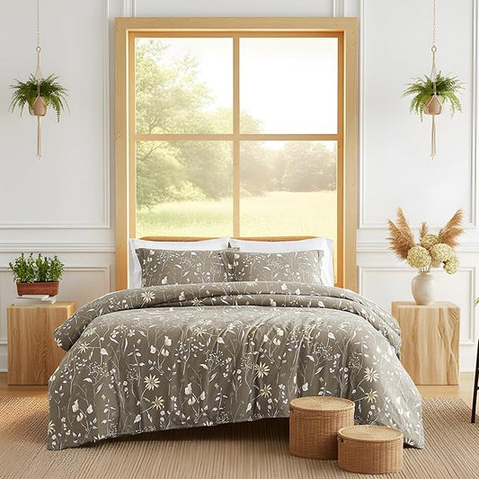 Southshore Fine Living, Inc. Floral Duvet Cover, Queen Size/Full Size - Hotel Quality Full/Queen Bedding Set, Easy Care - 1 Duvet Cover Full/Queen, 2 Pillow Shams - Secret Meadow Olive-Brown