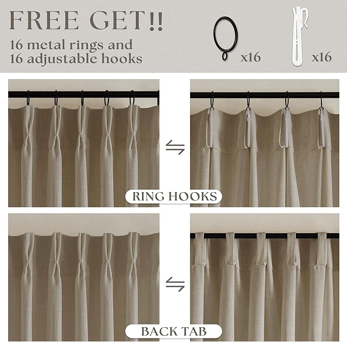 Grey Beige Pinch Pleated Linen Curtains 92 Inches Long 2 Panels for Living Room Bedroom Memory Training Shaped Semi Sheer Pleat Drapes with Hooks Rings Light Filtering Window Curtain 40x92