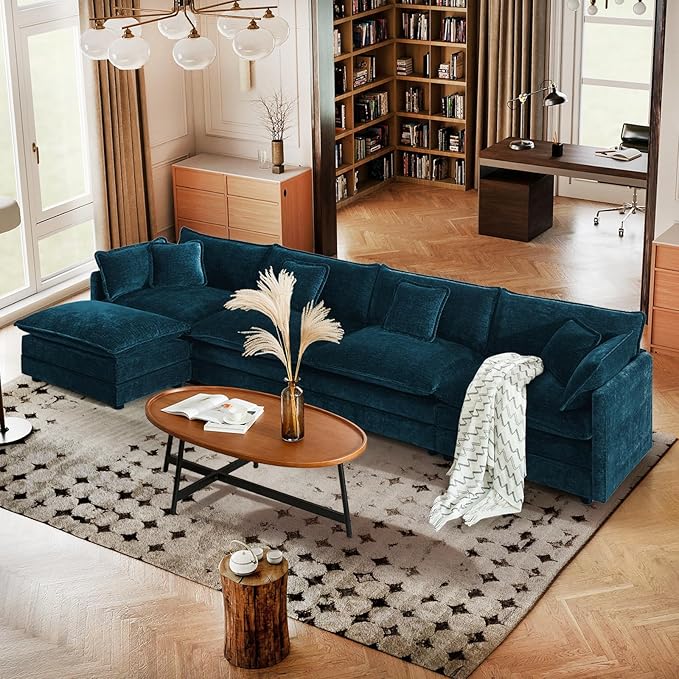 SoarFlash Chenille Sectional Sofa, Comfy L Shaped Modular Coush Sofa with Ottoman, Modern 4 Seat Couch Deep Seat Sofa Set for Living Room,Deep Blue