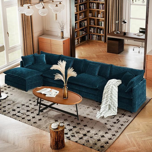 SoarFlash Chenille Sectional Sofa, Comfy L Shaped Modular Coush Sofa with Ottoman, Modern 4 Seat Couch Deep Seat Sofa Set for Living Room,Deep Blue