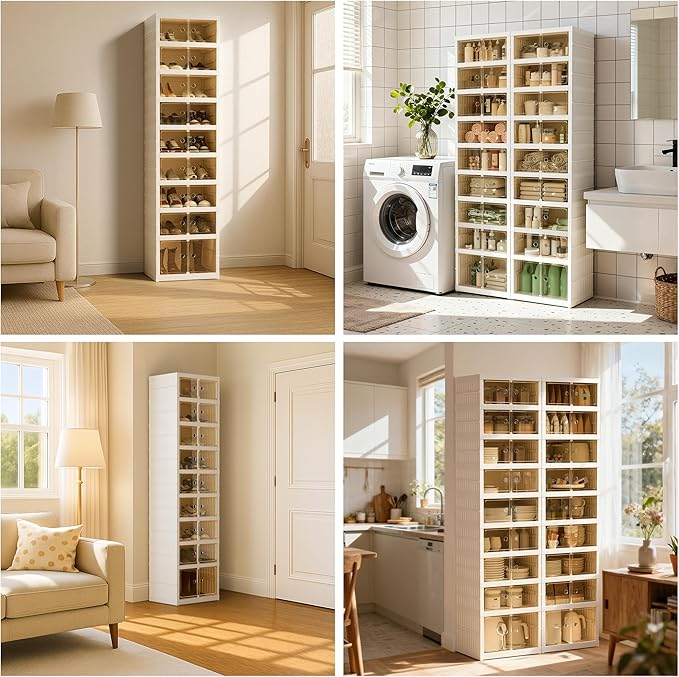 Foldable Shoe Organizer Storage Box Set of 2, Portable Extra Large Folding Shoe Rack for Closet, Shoe Storage Box with Magnetic Transparent Door and Wheels, 9 Layers 18 Grids with 2 Big Grids