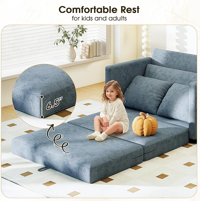 51" Convertible Loveseat Sofa Bed, 2-in-1 Folding Sofa Bed with 2 Pillow for Small Spaces, Modern Loveseat Sleeper Couch for Apartment, Living Room & Guest Room (Light Blue)