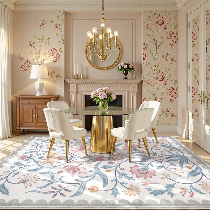 Lahome Boho Floral Washable 8 x 10 Area Rugs for Living Room, Grey/Beige Non Slip Rugs for Bedroom, Ultra-Thin Indoor Throw Dining Room Carpet for Under Table Home Office Playroom(Grey/Beige,8x10)