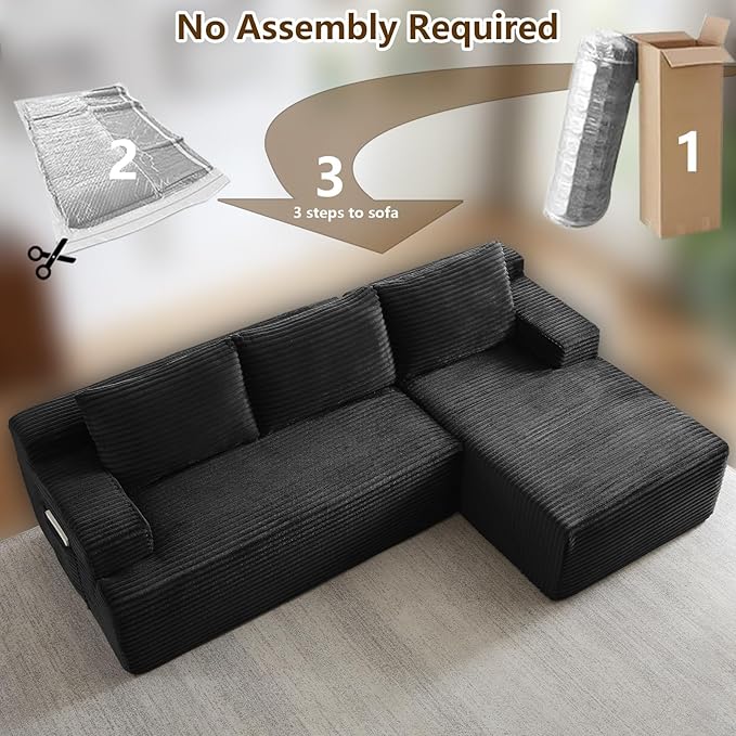 96" Modular Sectional Sofa Couches L-Shape Couch 3 Seat Modular Sofa Corduroy Memory Foam Sectional Boneless Couches for Living Room, Cloud Couch with Oversized Chaise(Dark Black, Right Facing)