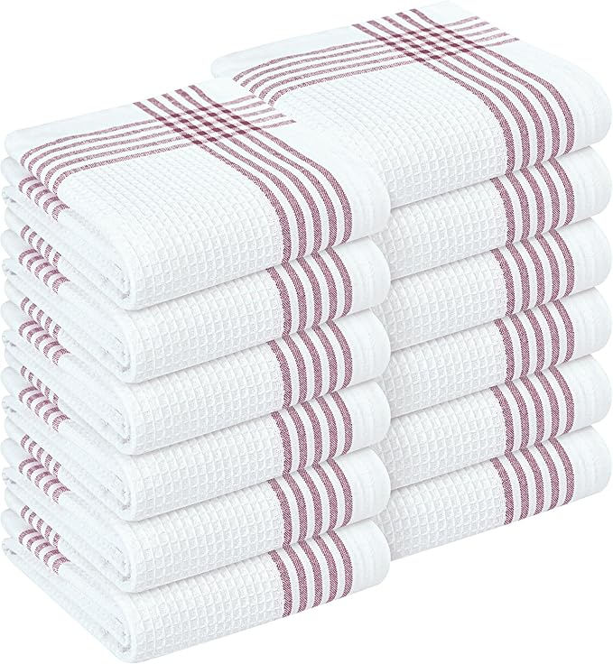Burgundy and White Waffle Kitchen Towels 12 Pack, 100% Cotton, 16x26 Inch, Absorbent, Quick Dry, Durable Dishcloths for Wiping, Cleaning, Machine Washable, Kitchen, and Cooking Use