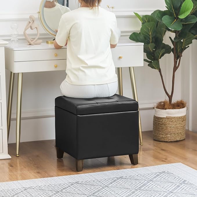 Leather Storage Ottoman with Hinged Lid, Square Foot Rest Stool Tufted Cube Footstool, Black