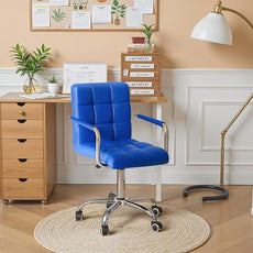 Furmax Mid-Back Office Task Chair Ribbed PU Leather Executive Chair Modern Adjustable Home Desk Chair Retro Comfortable Work Chair 360 Degree Swivel with Arms (Blue)