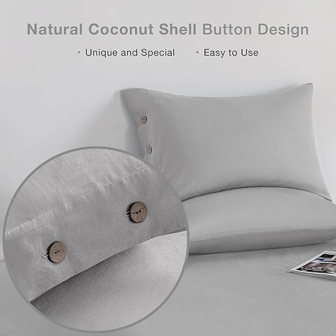 JELLYMONI Pillowcases Standard Set of 2 Cotton Button Pillow Covers 20×26in Light Grey Bed Pillow Cases 100% Washed Cotton Soft Breathable (Pillows are not Included)