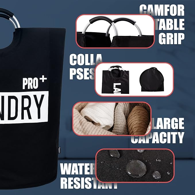 Caroeas Super Large 150L Laundry Basket Pro, Waterproof Laundry Hamper, Collapsible Laundry Basket Easy Storage, Clothes Hamper Stands Up Well, Laundry Bag with Padded Handles (Black)