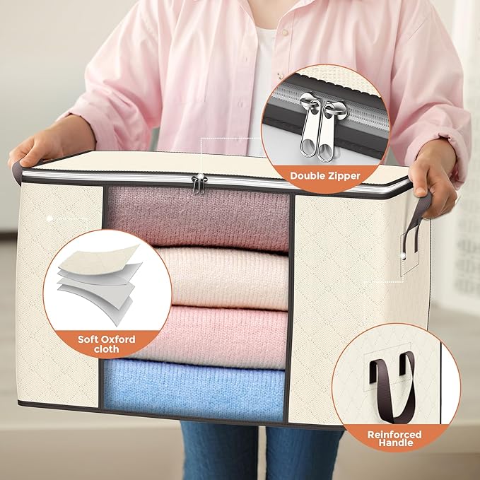 90 L Large Storage Bags, 4 Pack Clothes Storage Bins Foldable Closet Organizers Storage Containers with Reinforced Handle for Clothing, Blanket, Comforters, Bed Sheets, Pillows and Toys (Beige)
