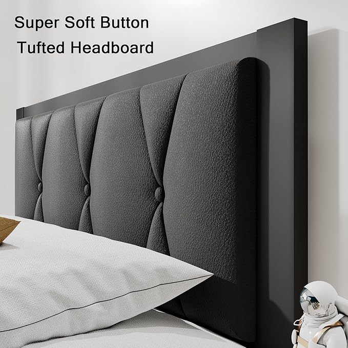 Twin Size Metal Bed Frame, Platform Bed with Faux Leather Button Tufted Headboard, 12" Underbed Storage, Steel Slats Support, No Box Spring Needed, Easy Assembly, Noise-Free, Black