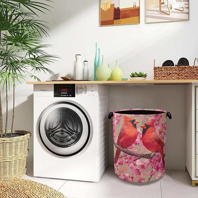 Red Cardinal Laundry Hamper,Cherry Blossoms Dirty Clothes Laundry Basket with Handles Waterproof Oxford Cloth Storage Basket for College Dorms Bathroom Bedroom 16" x 20.8"
