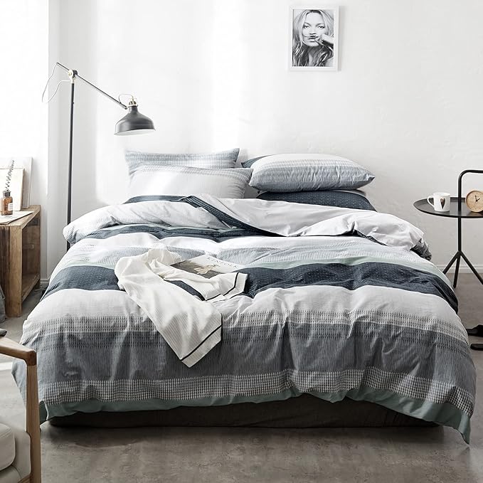 VM VOUGEMARKET Striped Bedding Duvet Cover Set King,3 Pieces Gray Blue Duvet Cover Sets,100% Cotton Modern Simple Comforter Cover with Zipper-King,Martin