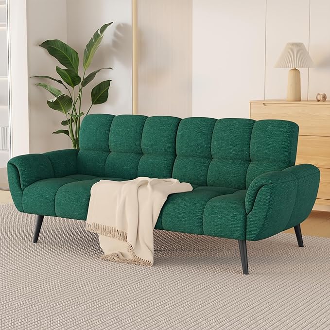 Futon Sofa Bed, Convertible 77" Modern Linen Futon Couch, Comfy Sleeper Sofa with Adjustable Backrests, Couch Bed for Small Spaces, Living Room, Bedroom, Apartment, Forest Green