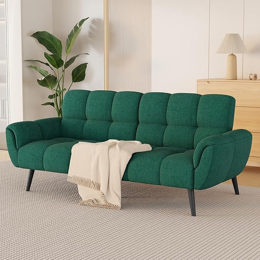 Futon Sofa Bed, Convertible 77" Modern Linen Futon Couch, Comfy Sleeper Sofa with Adjustable Backrests, Couch Bed for Small Spaces, Living Room, Bedroom, Apartment, Forest Green