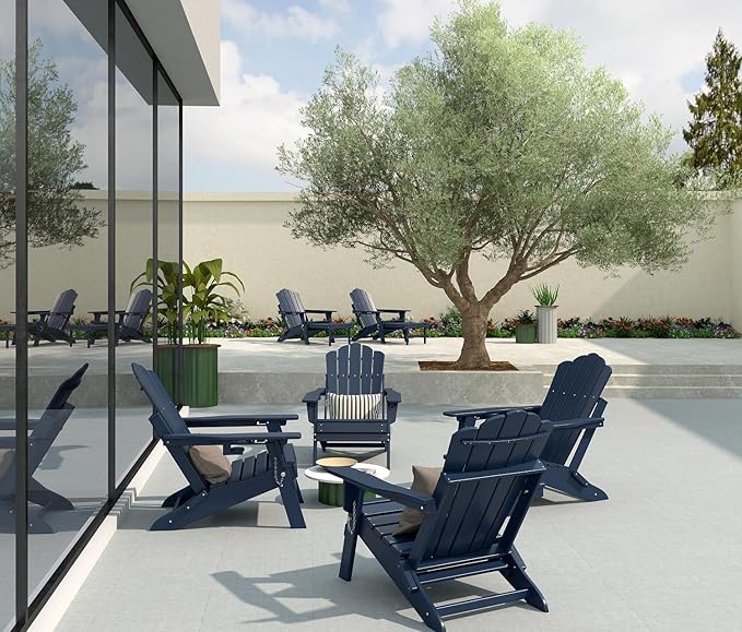FOOWIN Adjustable Adirondack Chair with Retractable Ottoman Set of 6, Folding Adirondack Chair with Cup Holder, HDPE All-Weather Fire Pit Chair for Patio, Yard, Poolside, Navy Blue