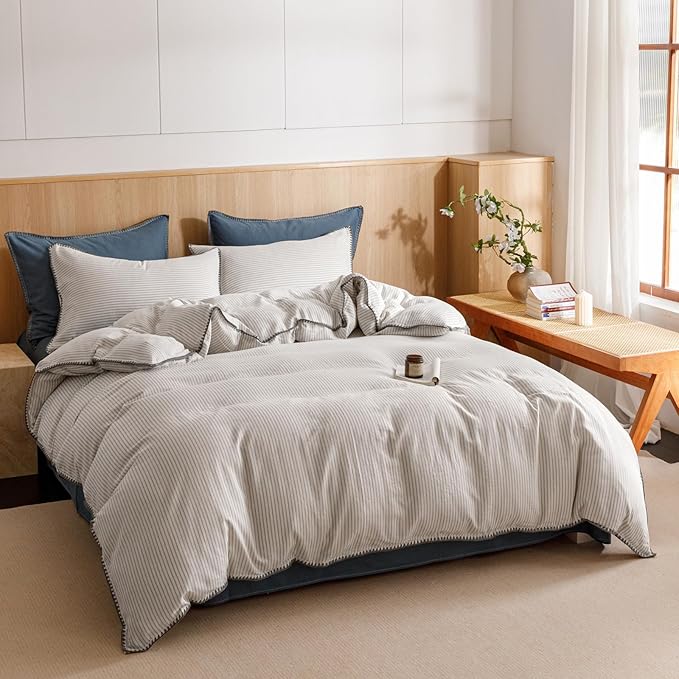 VM VOUGEMARKET Grey Blue Striped Duvet Cover King Yarn Dyed Muslin Cotton Duvet Cover with Embroidered Edge Super Soft Cozy Bedding Set for Men Women,King Size