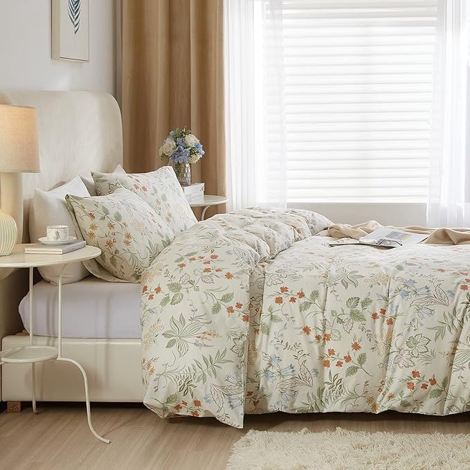 mixinni White Duvet Cover Set with Green Leaves Twin Size 100% Cotton Flower Printed Bedding Set 1 Duvet Cover 2 Pillowcases for Teen Girls, Ultra Soft, Breathable, Comfortable(3pcs, Twin Size)