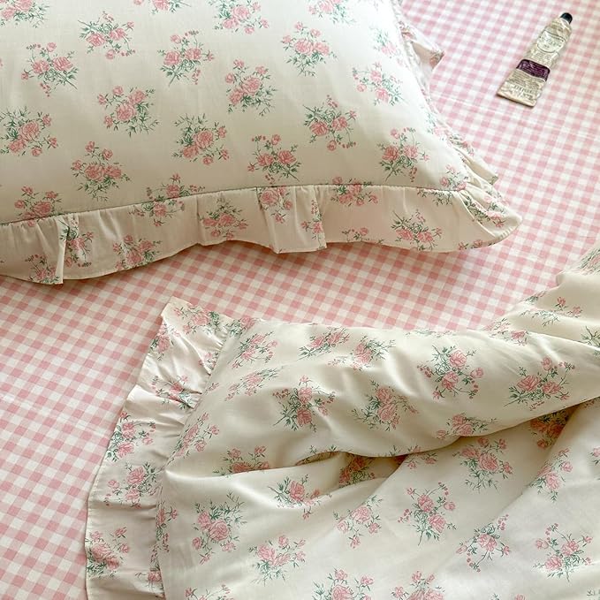 mixinni Pink Floral Duvet Cover Set Twin Size - 100% Cotton Ruffle Lace Bedding Set for Girls, Romantic Cottagecore Style Duvet Cover with Zipper Closure, Soft Aesthetic Princess Bedding-Twin