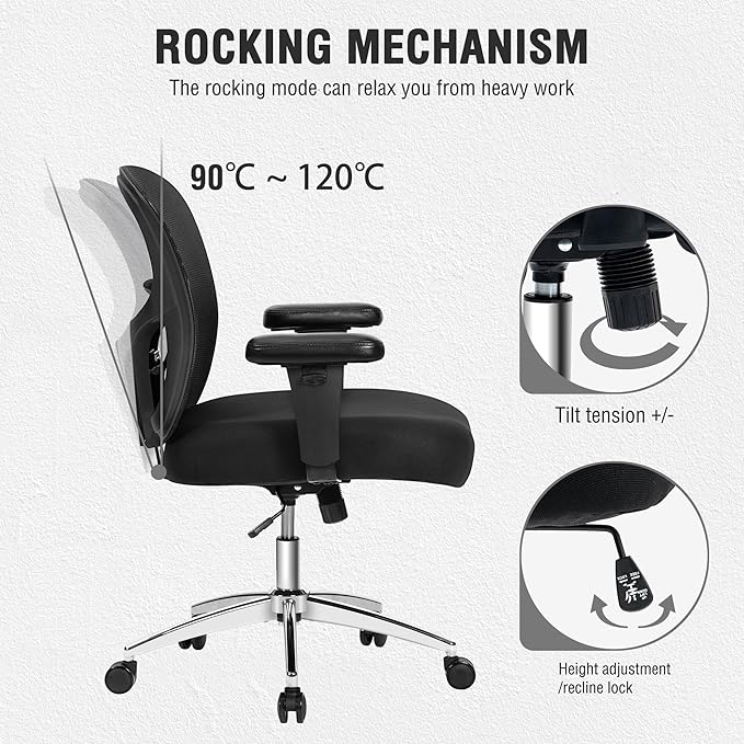 Big and Tall Office Chair 500lbs, Heavy Duty Ergonomic Mesh Chair, Computer Executive Desk Chair with Wide Thick Seat, Adjustable Armrests, Lumbar Support