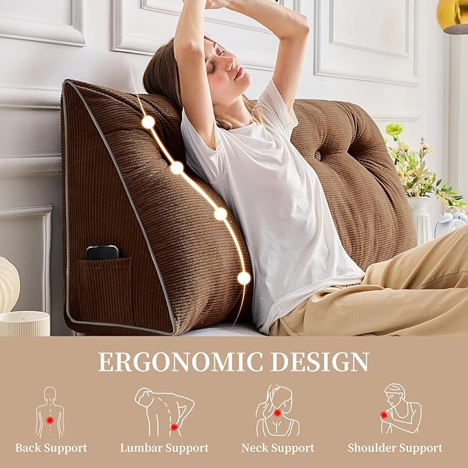 Sasttie Headboard Pillow King, Wedge Pillow Headboard for Sitting Up in Bed, Back-Rest Support Triangular Cushion for Reading - Features Removable Washable Cover, Brown