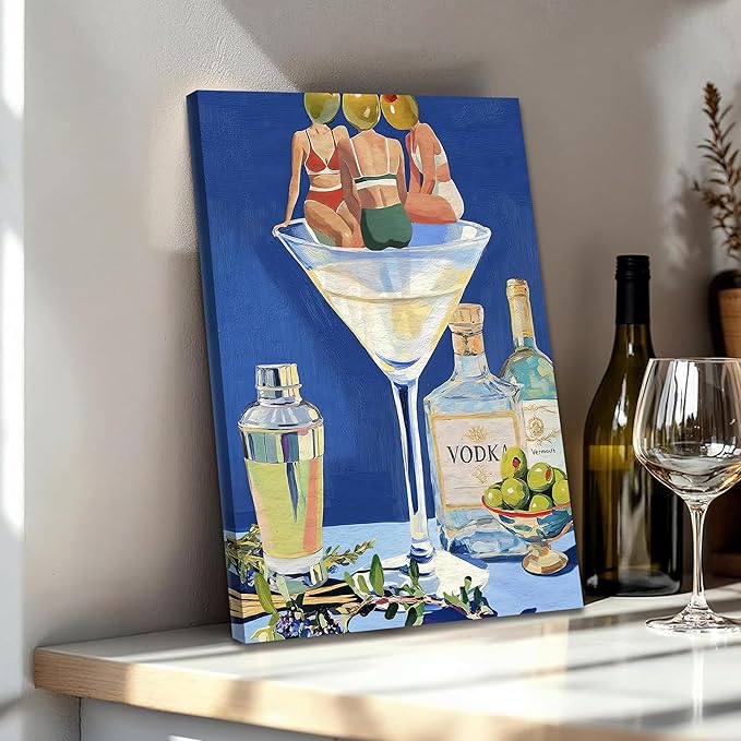 Vintage Cocktail Canvas Wall Art Set of 3, Retro Dirty Martini Bar Cart Wall Decor Paintings, Preppy Alcohol Aesthetic Posters Prints Pictures for Bar College Girls Apartment Dorm 12x16 Inch Framed
