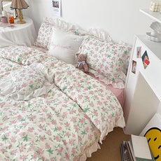 MKXI Fresh Green Floral & Leaf Comforter King Size - 3 Piece Pastoral Style Comforter Set with White Lace Ruffle Edge Soft Aesthetic Floral Bedding Set with 2 Pillow Shams for Teen Girls