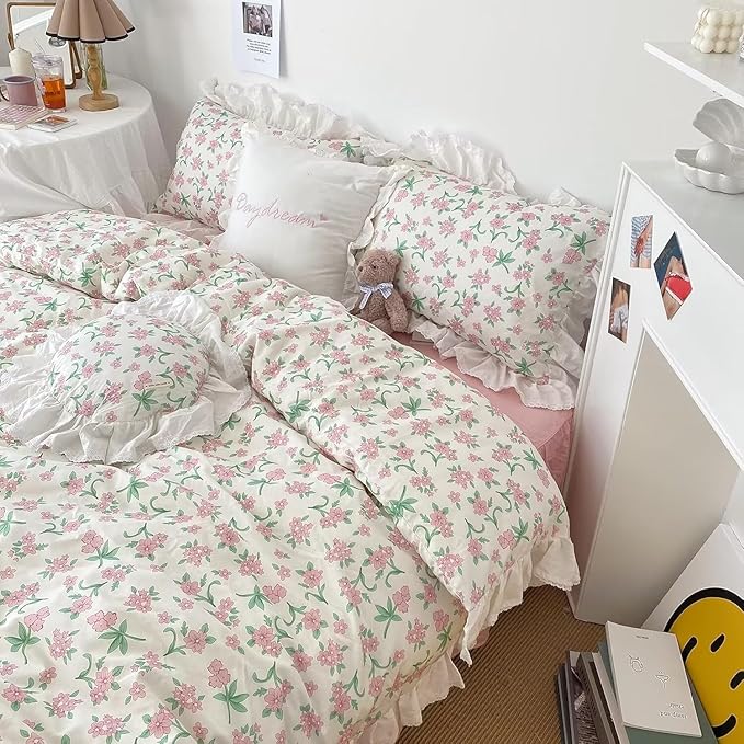 MKXI Fresh Green Floral & Leaf Comforter King Size - 3 Piece Pastoral Style Comforter Set with White Lace Ruffle Edge Soft Aesthetic Floral Bedding Set with 2 Pillow Shams for Teen Girls