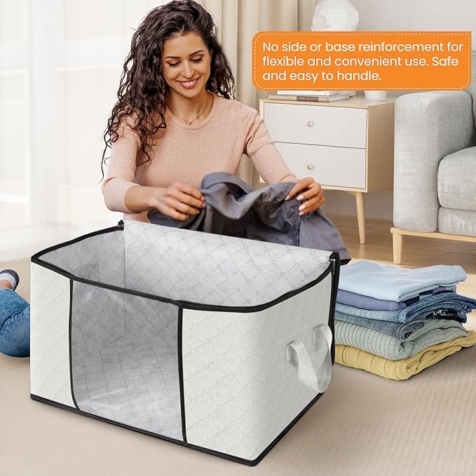 Fab totes 3 Pack Clothes Storage, Foldable Thick Fabric Blanket Storage Bags, Containers for Organizing Bedroom, Closet, Clothing, Comforter, Organization with Handle,Ivory White
