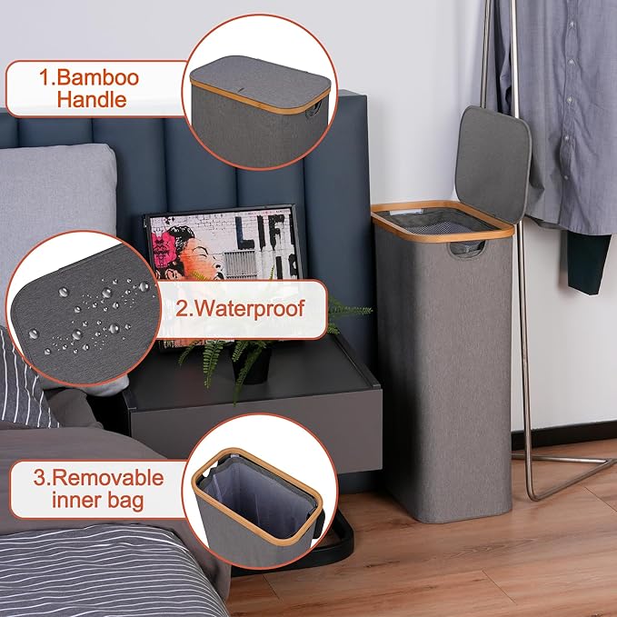 efluky Slim Laundry Hamper with Lid, Narrow Laundry Hamper with Removable Bag, Collapsible Dirty Clothes Basket with Handles for Bathroom, Bedroom & Laundry Room, 75L Grey